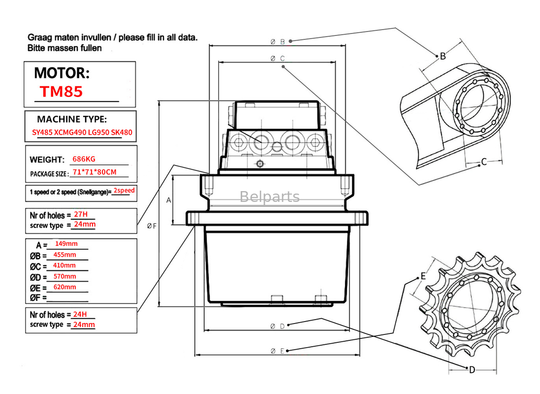 Belparts Excavadora Motor de viaje assy TM85 SY485 XCM490 LG950 SK480 Assy de conducción final para kobelco sany
