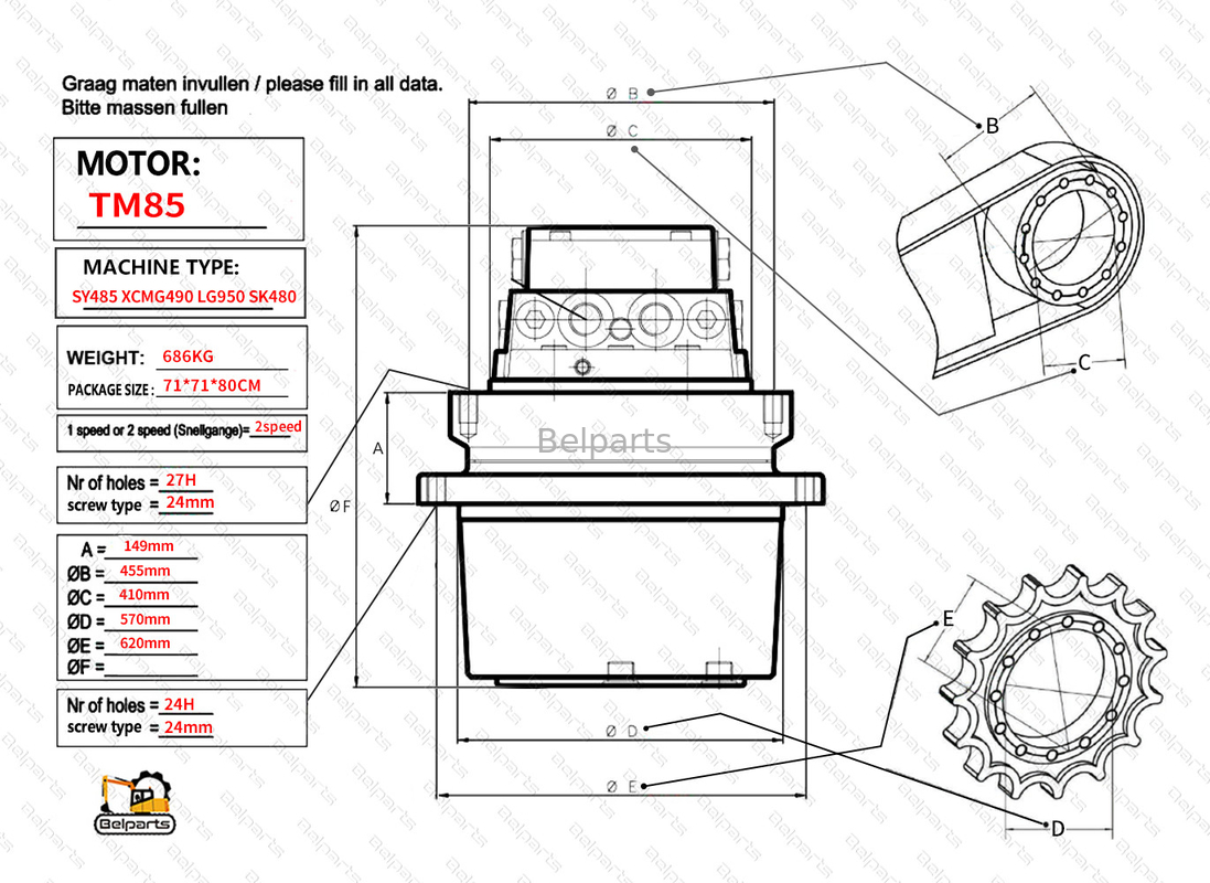 Belparts Excavadora Motor de viaje assy TM85 SY485 XCM490 LG950 SK480 Assy de conducción final para kobelco sany