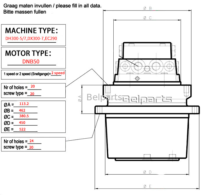 Doosan DX300-7 DH300-5 EC290 Motor de viaje Assy para piezas de excavadora