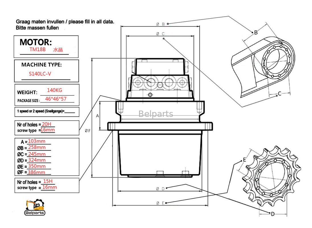 Montaje TM18B del motor del viaje de Parts S140LC-V del excavador para Doosan 263B2070-00